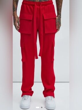Fashion Nova Men’s Red Ribbed Cargo Pants with Utility Pockets Size XL New